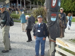L-R: Jerry Meehl, Betty Swift, wife of Harry Swift, Chuck Fleenor. To the right of the totem: Chris Wilkinson, Mariola Wilkinson