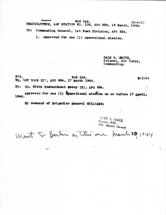 1944-03-07 Request To Participate in Aerial Flight, - Endorsement, Appproved for 1 Flight