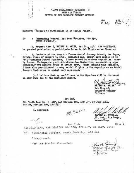 1944-07-15 Request To Participate in Aerial Flight, - Endorsement, Disapproved, Smith.jpg