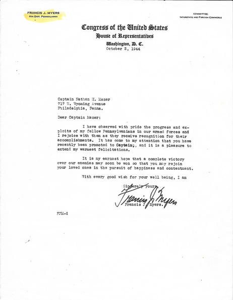 1944-10-02 Letter From Cngressman Francis J. Myers.jpg