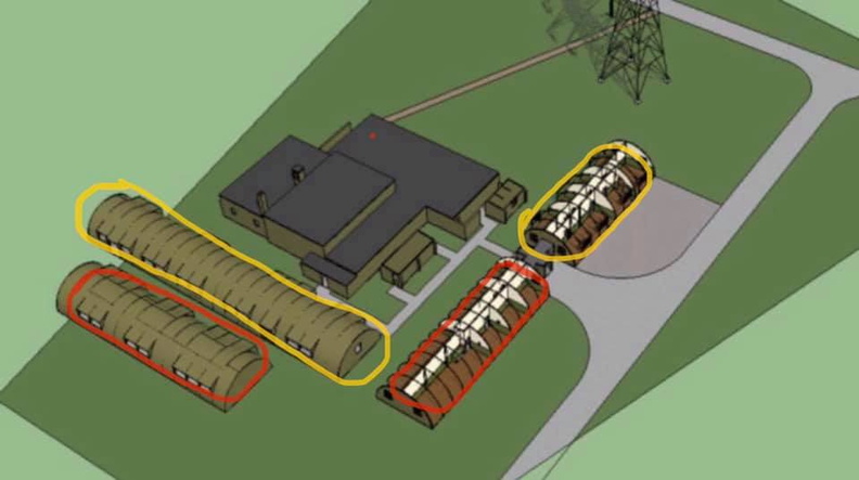 Initial development will include clearing the site of overgrown vegetation, purchasing the Operations Block and Norden Bombsight buildings, installing utilities, restoration of the Operations Block as a sound and secure display space, erecting a Nissen Hut (smaller hut highlighted in yellow) and equipping it as the first Visitor Centre as well as Museum offices, and establishing a car park and associated appurtenances.
Note that the Norden Bombsight building is located just beyond the top edge of the image.
Illustration by Paul Bellamy GU Future Site Plan.jpg