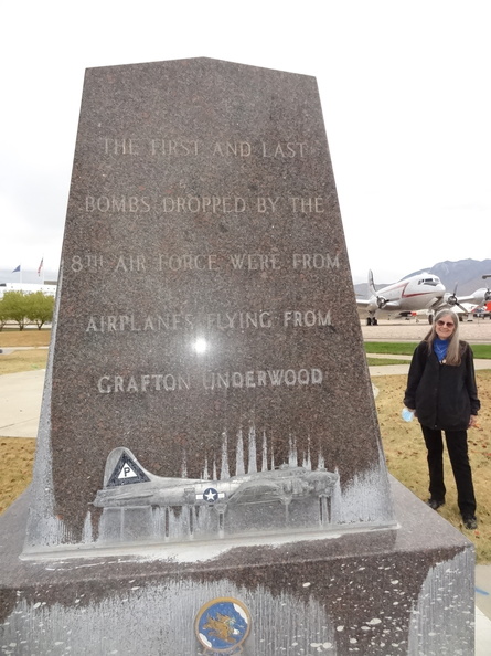 Patti Cantrall at the 384th Monument beside the Nate Mazer Chapel.JPG