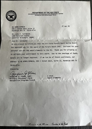 Letter of Notification, Purple Heart Award