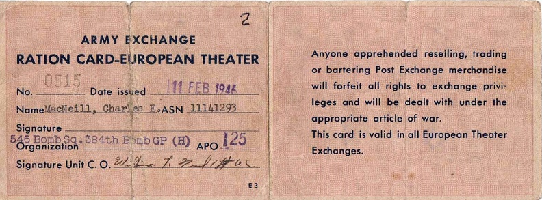 Istres Ration Card, Front and Back