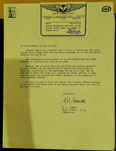 Bakalarski, Letter from MG Harmon.jpg