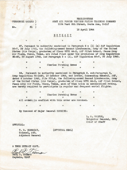 Western Flying Training Command (WFTC), Personnel Order #21  page 1of 5