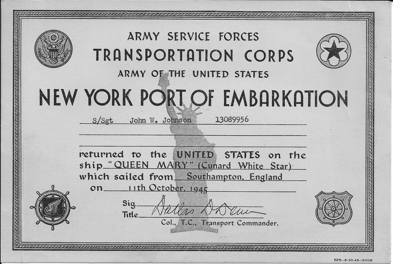 Certificate of Embarkation - S/S John W. Johnson