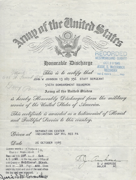 Honorable Discharge Documents for John William Johnson