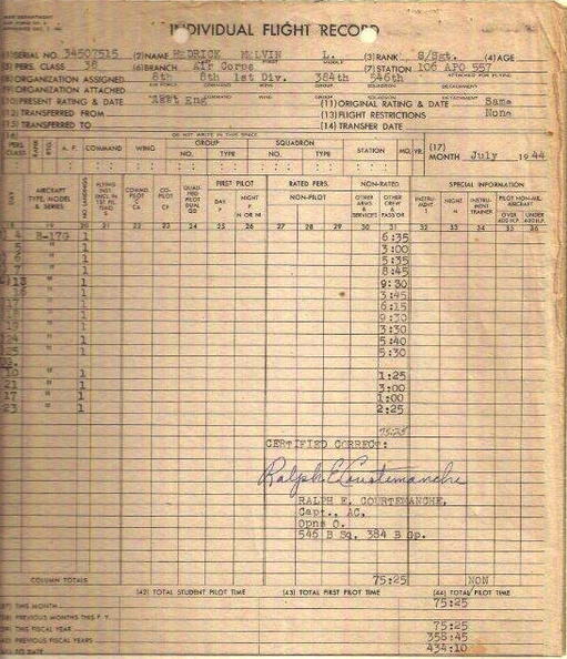 Melvin Hedrick Combat Flight Record July 1944.jpg