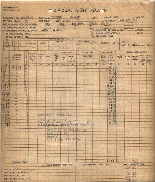 Melvin Hedrick Combat Flight Record June 1944.jpg