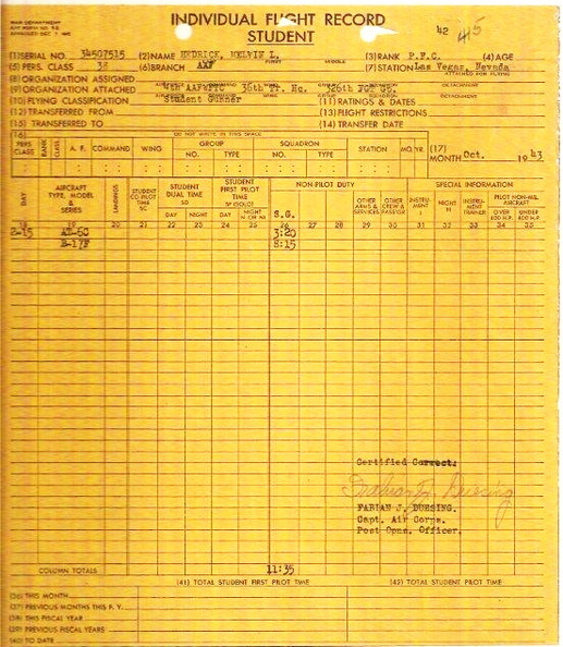 Melvin Hedrick Student Flight Record October 1943