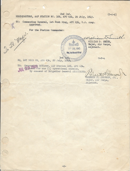 1943-07-17 Request To Participate in Aerial Flight, - Endorsement, Appproved for 1 Flight.jpg