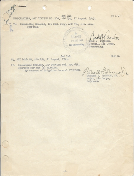 1943-08-17 Request To Participate in Aerial Flight, - Endorsement, Appproved for 1 Flight.jpg