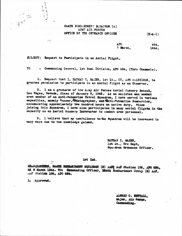 1944-03-07 Request To Participate in Aerial Flight