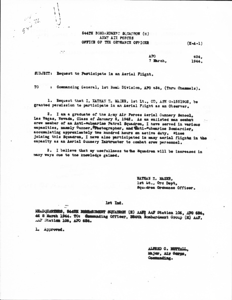 1944-03-07 Request To Participate in Aerial Flight