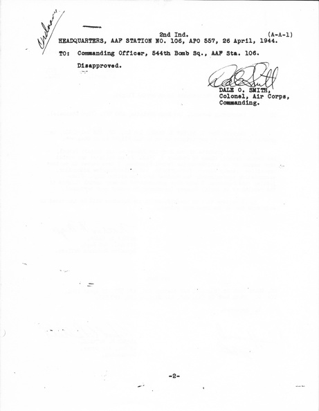 1944-04-20 Request To Participate in Aerial Flight, - Endorsement, Disapproved-Smith.jpg
