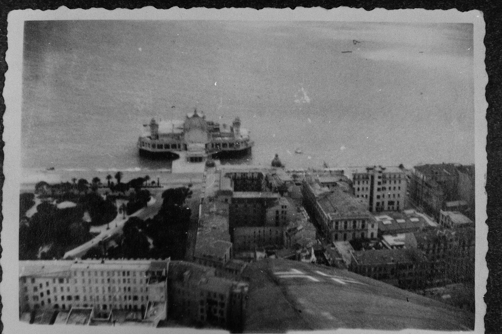 Casino or palace in water on coast from air